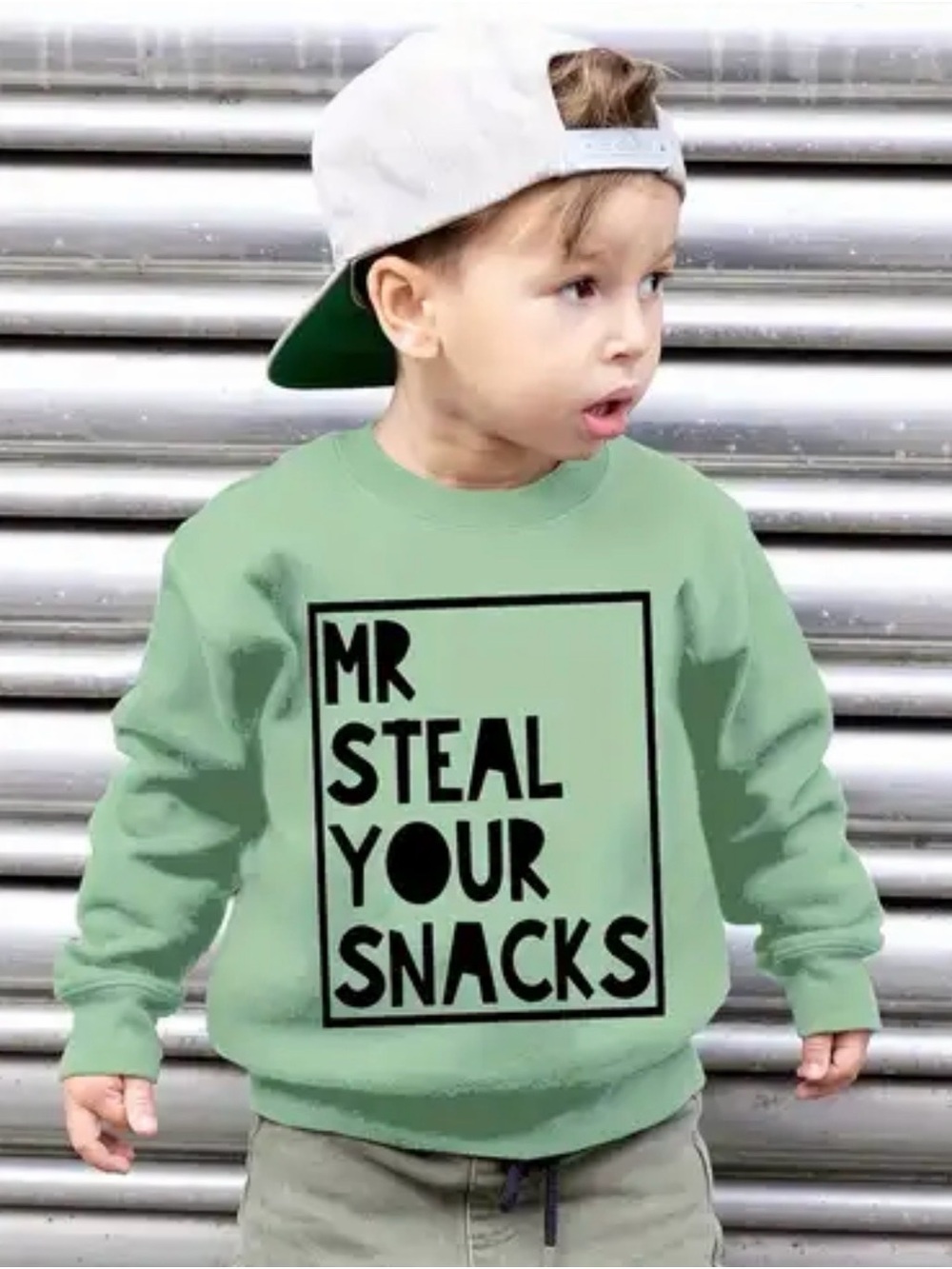 Boys' Stylish Green Sweatshirt - 'Mr Steal Your Snacks'